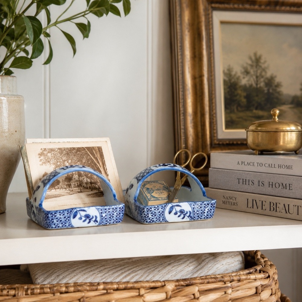 English Cottage Catchall Trinket Basket Blue White Porcelain Pair Collected Home